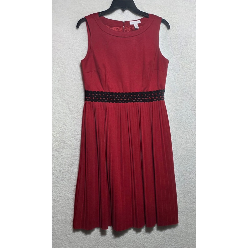 Charter Club Petite Red Pleated Fit & Flare Dress Black Crochet Waist 10P